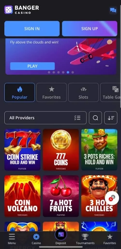 App interface design Mobile version of Banger Casino