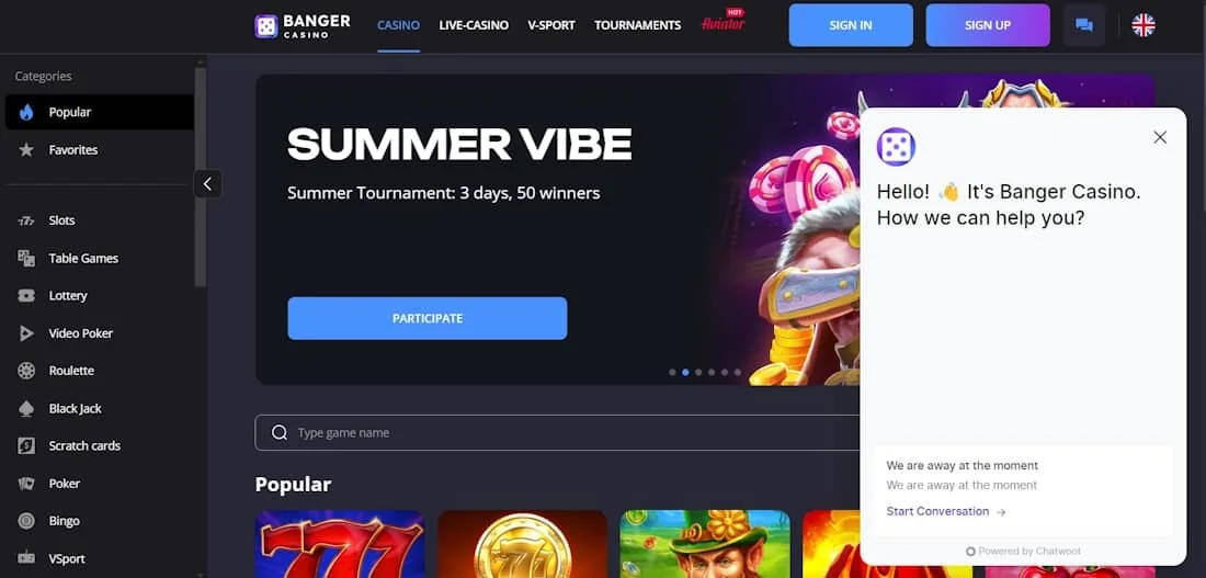 Official Banger Casino website interface